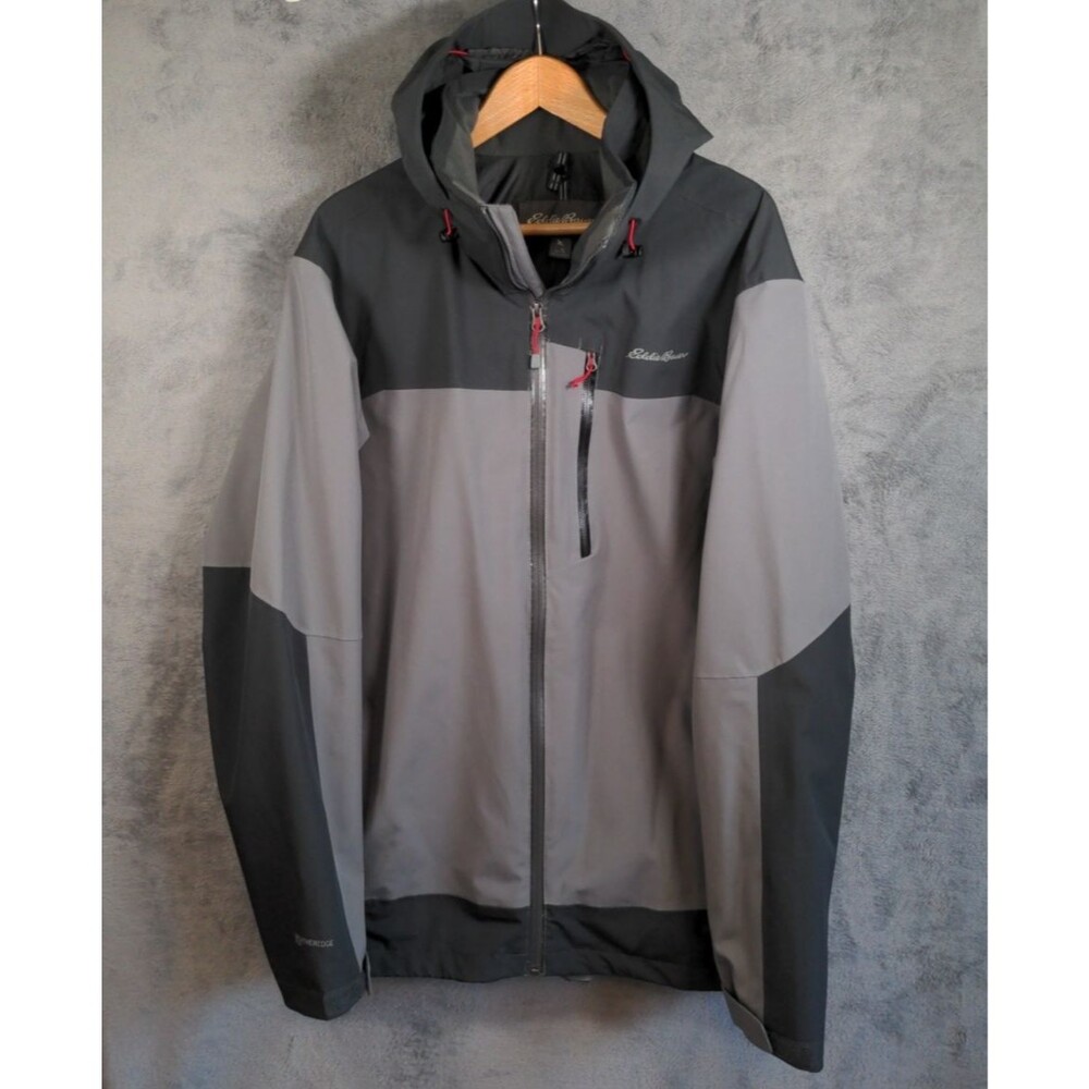 Eddie Bauer Weatheredge Plus Jacket Mens Tall Large Gray Black Hooded Rain Coat